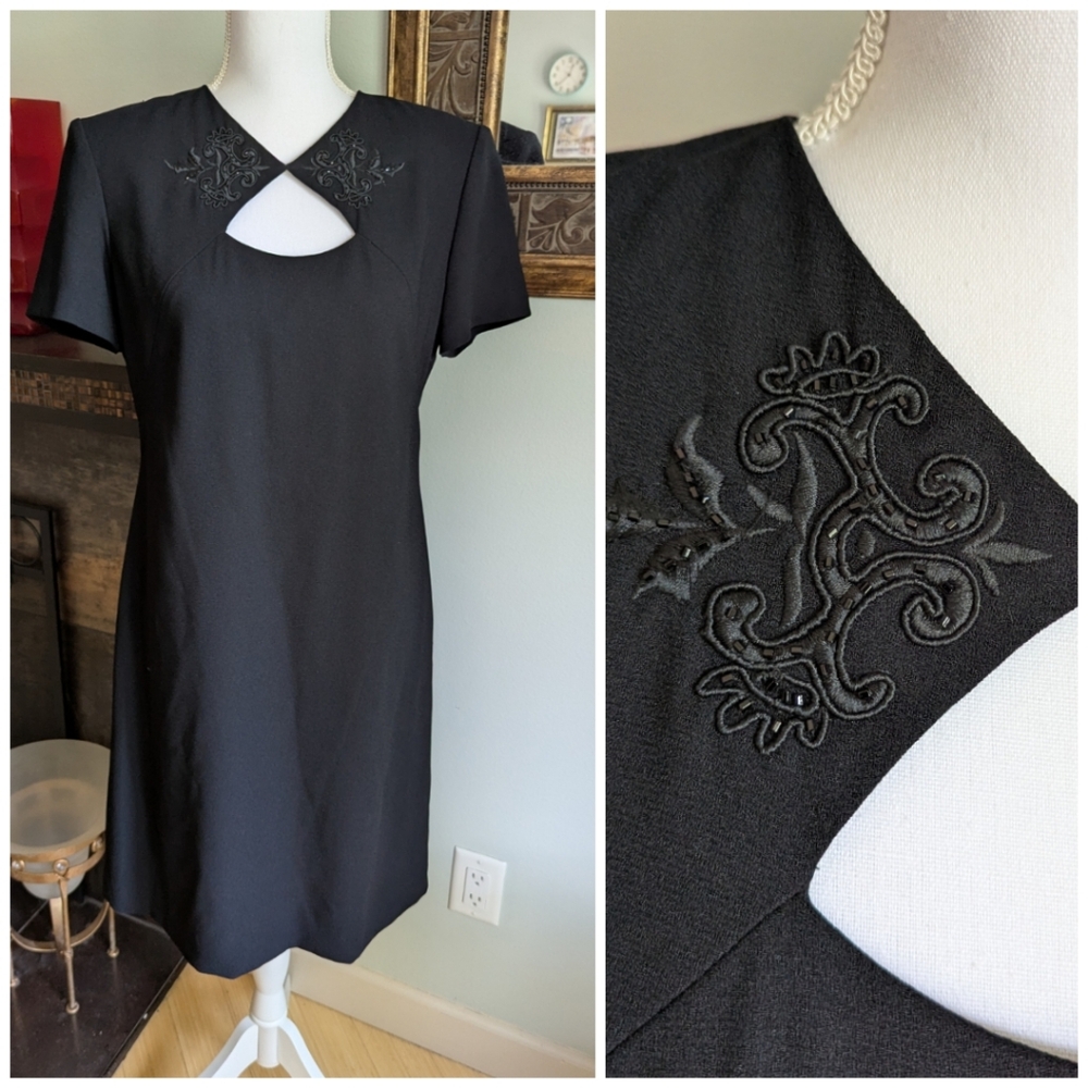 90s Liz Claiborne Dresses Wmns 10 Black Dress Embroidery Beaded Keyhole Neck 177